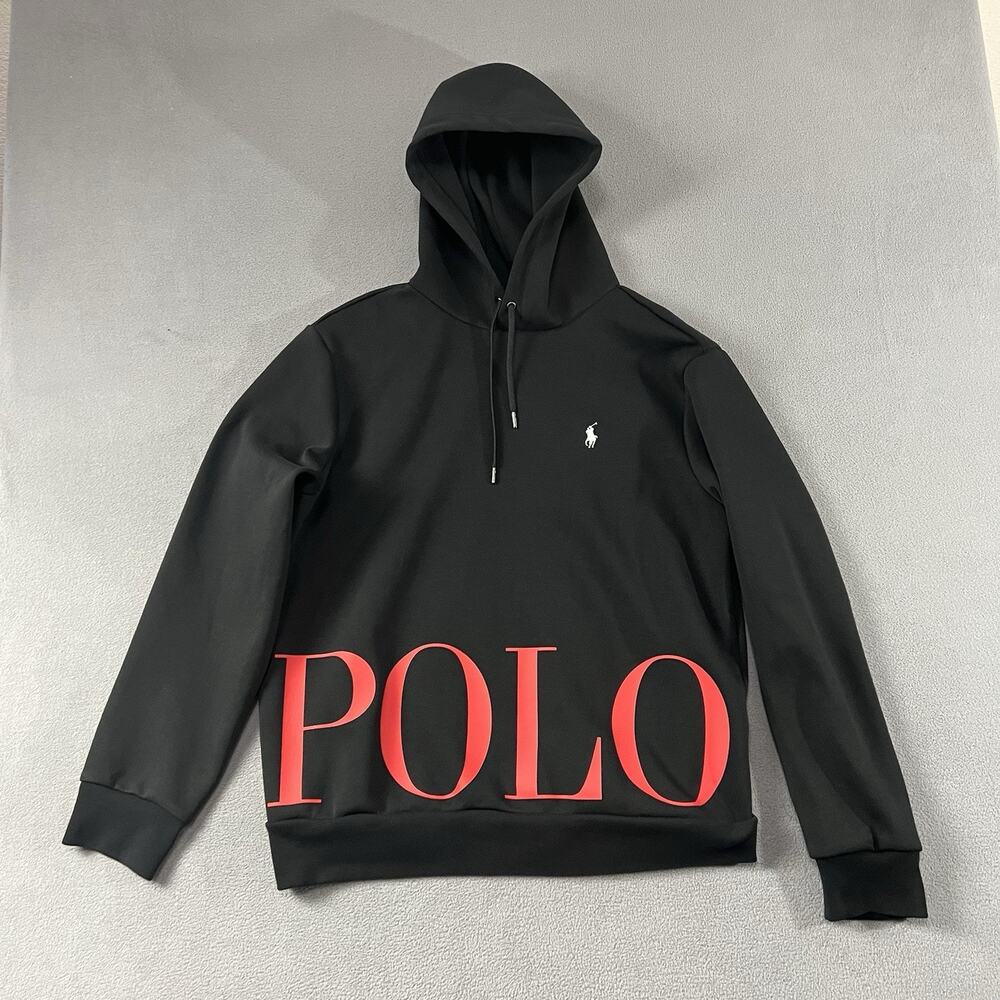 Polo Ralph Lauren Hoodie Mens Large Black Double Knit Red Logo Sweatshirt